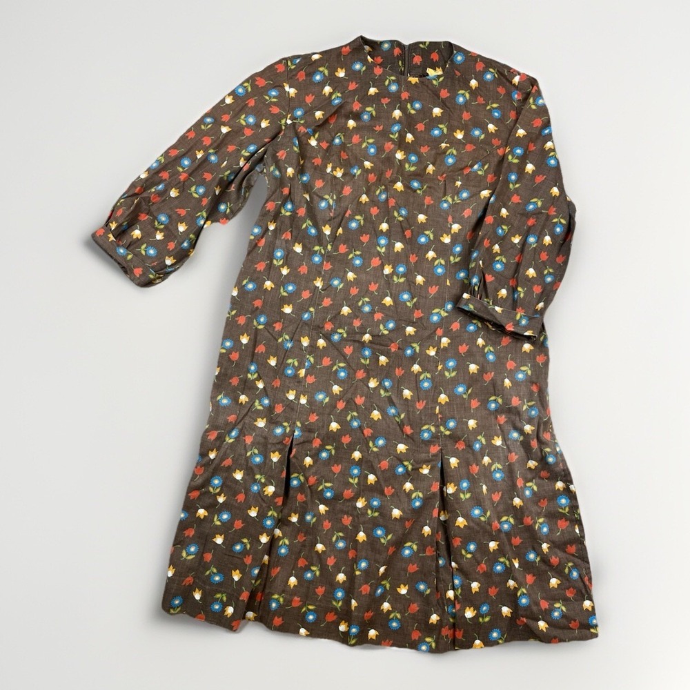VTG 60s Beeline Fashions Floral Day Dress Women's Size S/M Pleated Long Sleeve